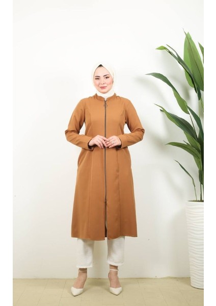 Kadın Tesettür Yarım Pardesü Ferace Kap Giyçık Fermuarlı Dabıl Kumaş