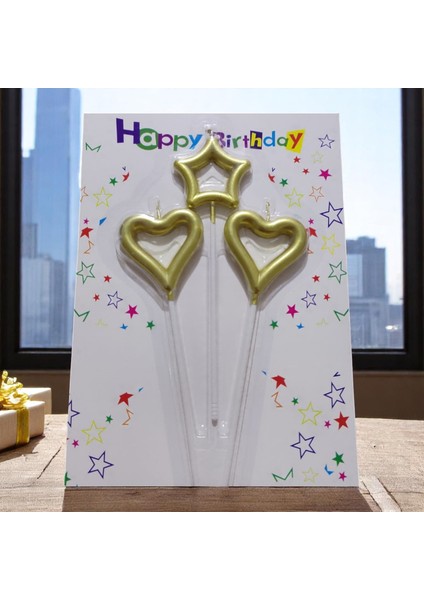 3 Adet Gold Kalpli Yıldızlı Mum Gold Kalpli Pasta Mumu Gold Kalpli Doğum Günü Mumu