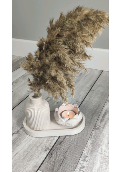 Beyaz Beton Lotus&Çizgili Tabaklı Seti