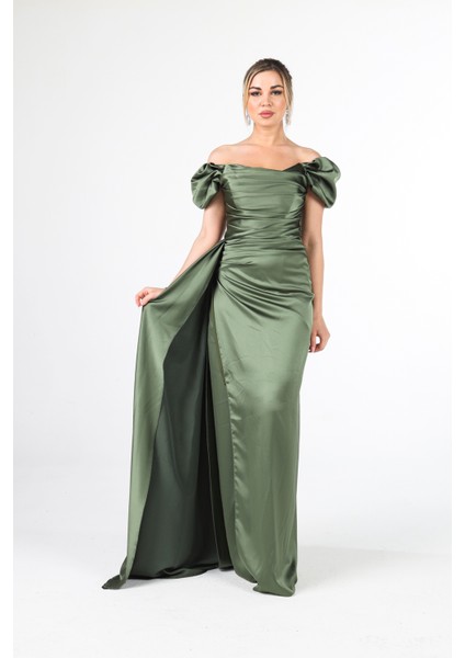 Haki Drape Detaylı Saten Kumaş Abiye Elbise 9704858.23 fiyatları