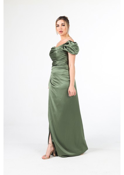 Haki Drape Detaylı Saten Kumaş Abiye Elbise 9704858.23 modelleri