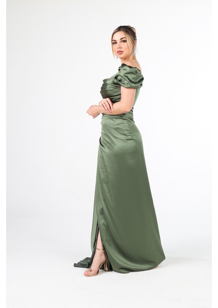Haki Drape Detaylı Saten Kumaş Abiye Elbise 9704858.23 fırsatları