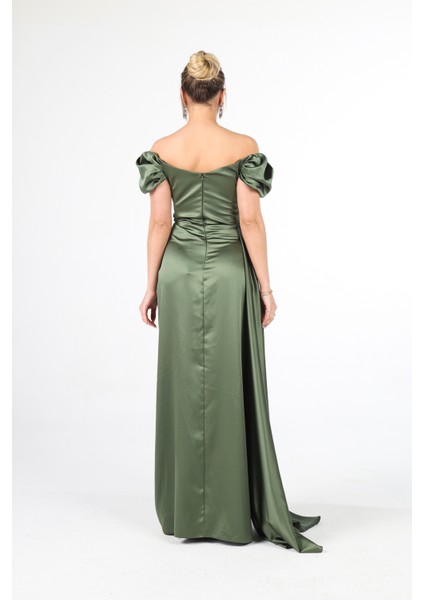 Haki Drape Detaylı Saten Kumaş Abiye Elbise 9704858.23 indirimleri