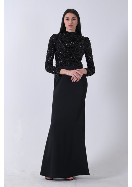 Siyah Üst Pul Payet Alt Krep Tesettür Abiye 6502497.01