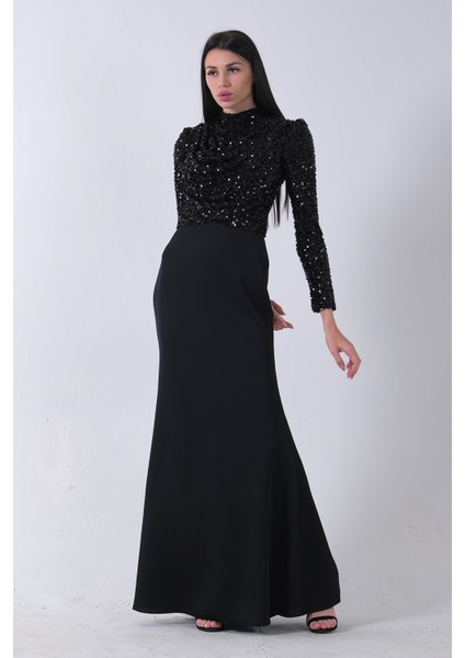 Siyah Üst Pul Payet Alt Krep Tesettür Abiye 6502497.01 modelleri