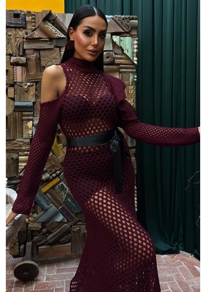 Saten Kuşaklı Ajurlu Triko Elbise 2847 fiyatları