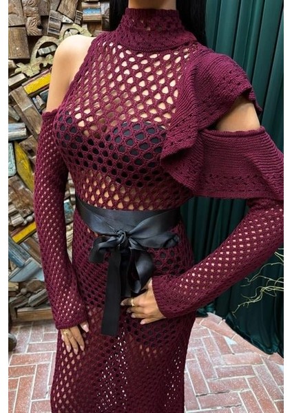 Saten Kuşaklı Ajurlu Triko Elbise 2847 modelleri