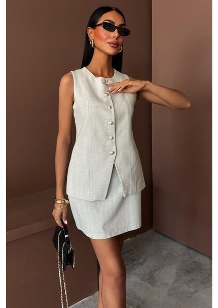 Uzun Yelek Mini Etek Flamlı Keten Takım modelleri