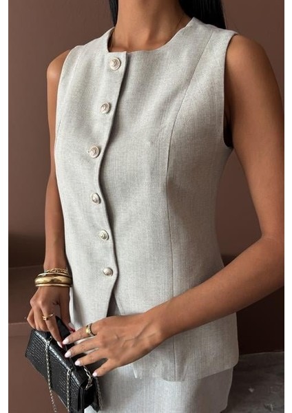 Uzun Yelek Mini Etek Flamlı Keten Takım indirimleri