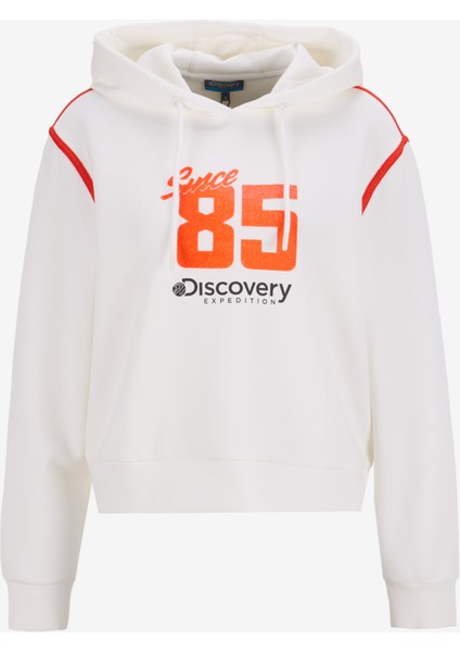 D5SL-SWT3570 Kırık Beyaz Kapüşon Yaka Relaxed Baskılı Kadın Sweatshırt