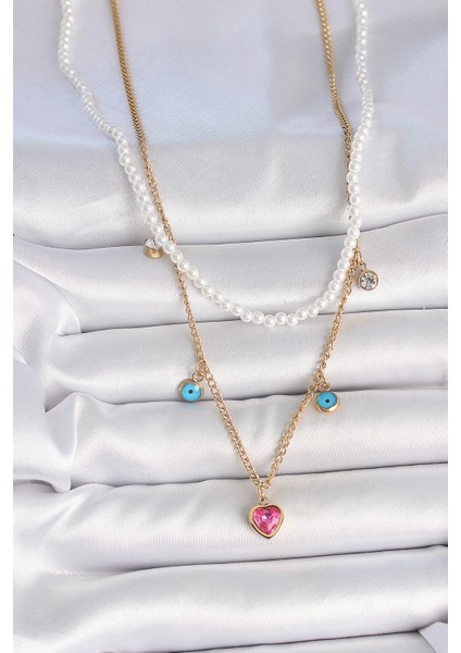 Gold Renk 2'li Inci Zincir Model Pembe Taşlı Kalp Figür Nazar Boncuk Detay Kadın Kolye - EBJ250510W33776 fiyatları