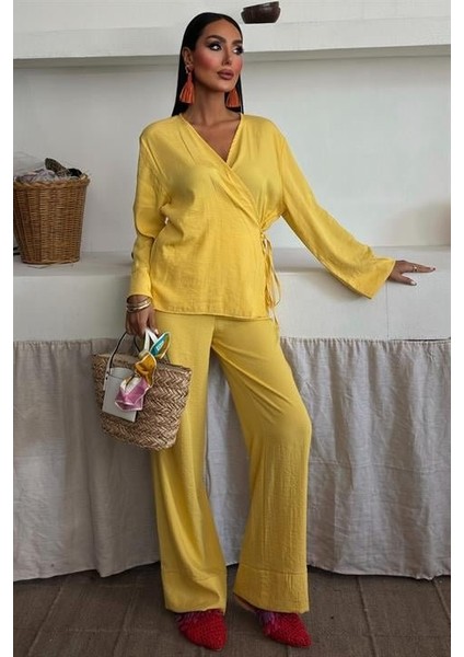 Kruvaze Model Klasik Pantolonlu Çupra Keten Takım 10191