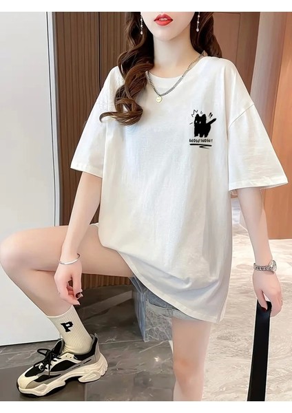 Baskılı Oversize Bisiklet Yaka T-Shirt - Beyaz