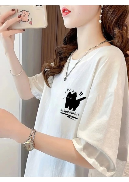 Baskılı Oversize Bisiklet Yaka T-Shirt - Beyaz
