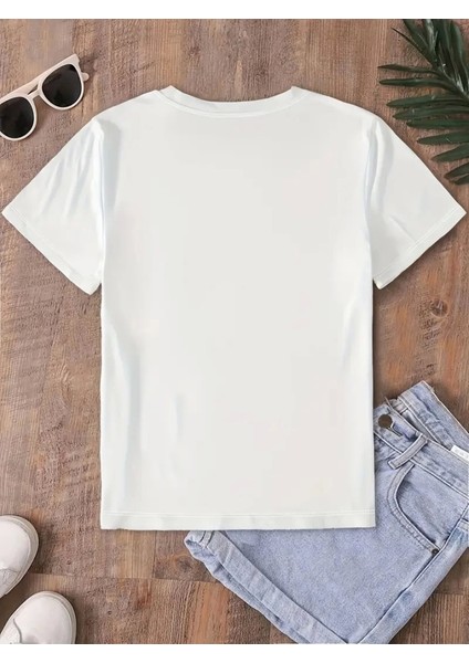 Fiyonk Baskılı Oversize Bisiklet Yaka T-Shirt - Beyaz