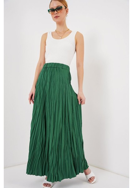 Uzun Kırışık Etek 8042 - Zümrüt Yeşili modelleri