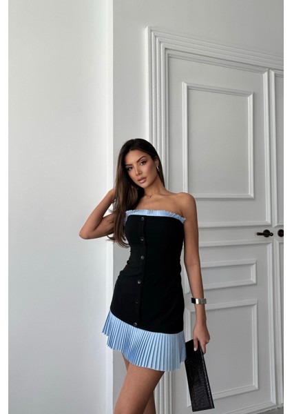 Straplez Polviskon Elbise Mavi Fırfır Detaylı - Siyah fiyatları