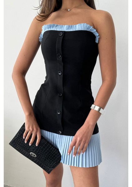 Straplez Polviskon Elbise Mavi Fırfır Detaylı - Siyah modelleri