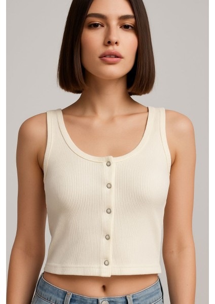 Kadın Çıtçıt Kapamalı Esnek Süper Crop Halter Yaka Fitilli Örme Bluz