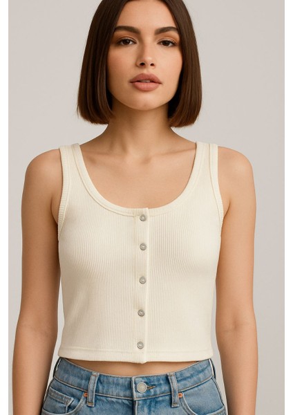 Kadın Çıtçıt Kapamalı Esnek Süper Crop Halter Yaka Fitilli Örme Bluz