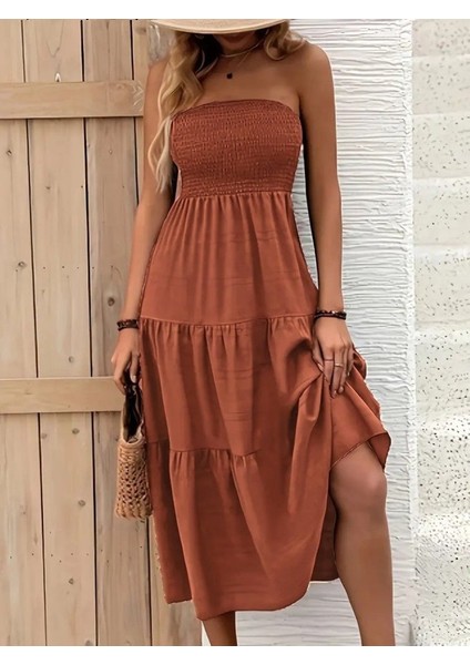 Miracotton Kadın Straplez Göğüsten Lastikli Kloş Aerobin Uzun Elbise