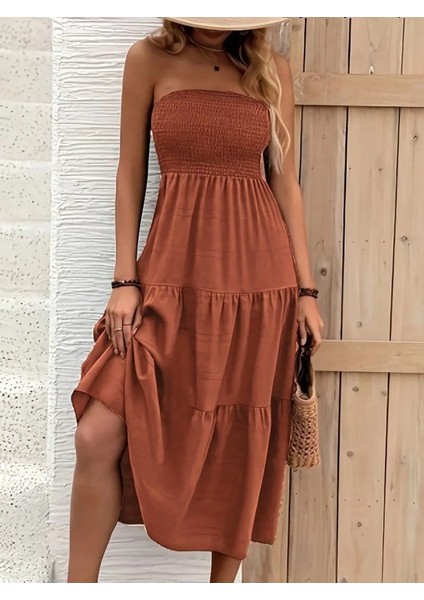 Miracotton Kadın Straplez Göğüsten Lastikli Kloş Aerobin Uzun Elbise modelleri