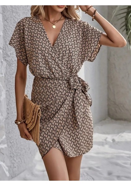 Kadın Kısa Yarasa Kollu Önden Kruvaze Yaka Detaylı Önden Bağlamalı Desenli Süprem Elbise