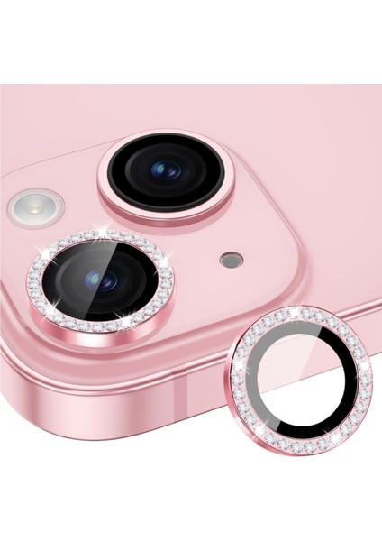 Apple iPhone 14 / 14 Plus ve 15 / 15 Plus Parlak Taşlı Kamera Koruma Renkli Lens Koruyucu Temperli Cam