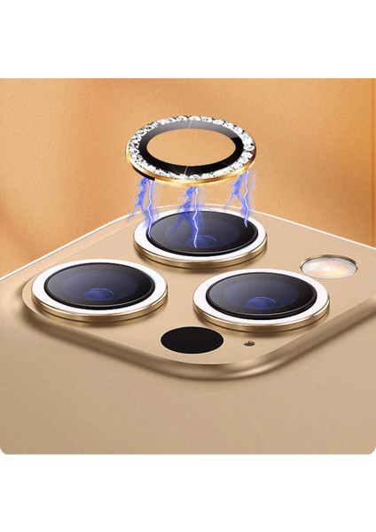 Apple iPhone 14 / 14 Plus ve 15 / 15 Plus Parlak Taşlı Kamera Koruma Renkli Lens Koruyucu Temperli Cam