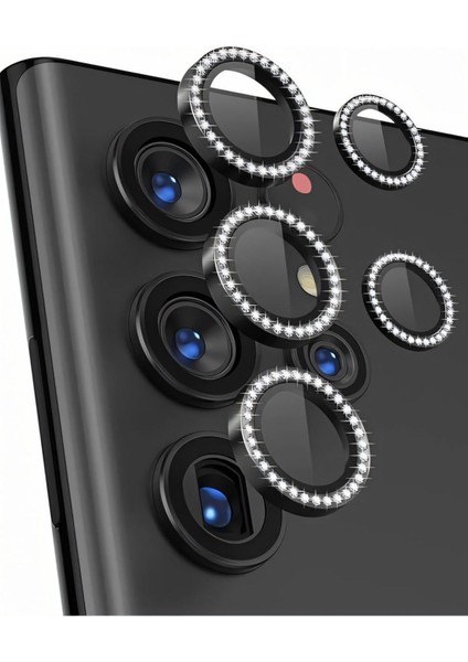 Samsung Galaxy S25 Ultra Uyumlu Taşlı Parlak Kamera Lens Koruyucu Cam ve Çerçeve Kamera Koruma Lensi