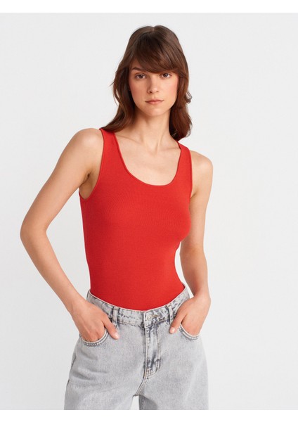 10746 Kalın Askılı Basic Triko Bluz-Kırmızı
