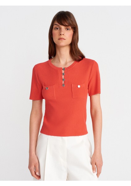 10733 Bisiklet Yaka Cepli Düğmeli Triko Bluz-A.kırmızı