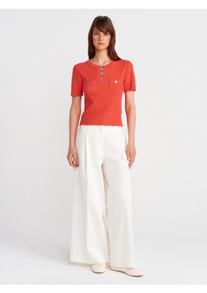 10733 Bisiklet Yaka Cepli Düğmeli Triko Bluz-A.kırmızı fırsatları