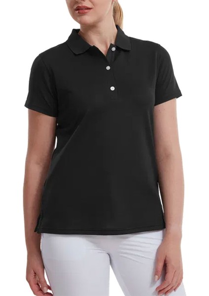 Kadın Stretch Pique Polo Yaka Siyah T-Shirt 88492