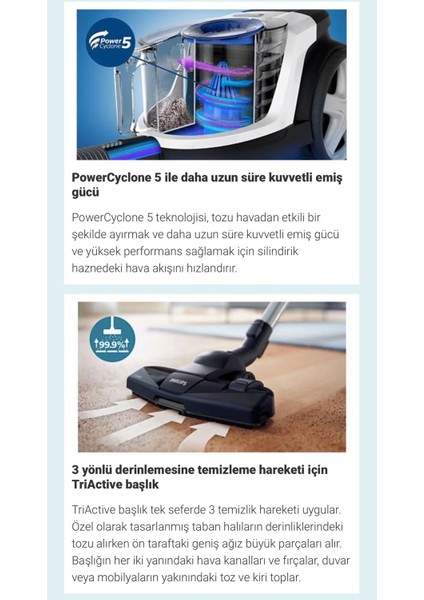 Turbo Başlıklı Powerne 5 Teknolojili Torbasız Elektrikli Süpürge