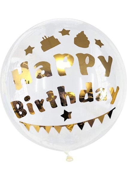 Happy Birthday Şeffaf Balon Altın
