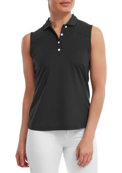 Kadın Kolsuz Polo Yaka Siyah T-Shirt 88501