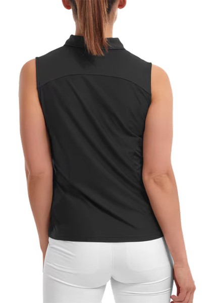 Kadın Kolsuz Polo Yaka Siyah T-Shirt 88501