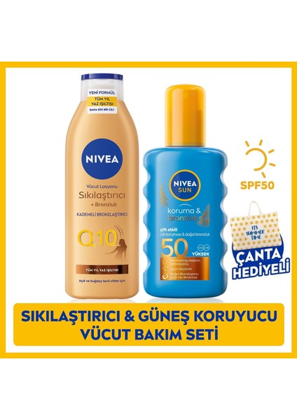 SUN Yüksek Güneş Koruyucu Sprey SPF50 200ml, Q10 Bronzlaştırıcı Vücut Losyonu 250ml
