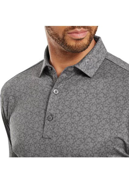 Çiçek Baskılı Polo Yaka Golf T-Shirt Çakıl Gri 81622
