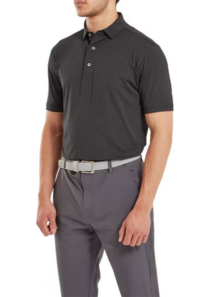 Stretch Lisle Nokta Baskı Polo Yaka Siyah Golf T-Shirt 81676