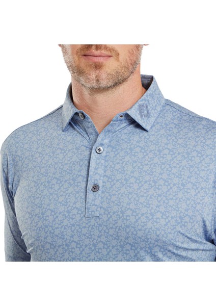 Çiçek Baskılı Polo Yaka Golf T-Shirt Mavi 81618