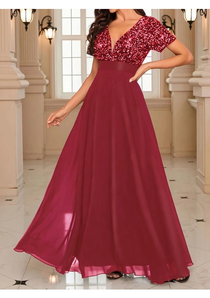 Kadın Kısa Kollu Derin V Yakalı A Kesim Pulpayet Detaylı Şifon Nedime Elbisesi