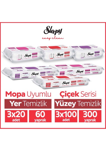 Easy Clean Çiçek Serisi 3X100 Yüzey & 3X20 Yer Temizlik Havlusu&mendili Karma Paket