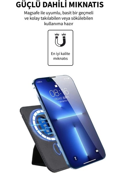 Apple iPhone Samsung Galaxy Uyumlu Magsafe Manyetik Standlı Deri Magsafe Cüzdan Kartlık