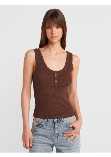 10744 Fitilli Düğme Detaylı Triko Bluz-Kahve