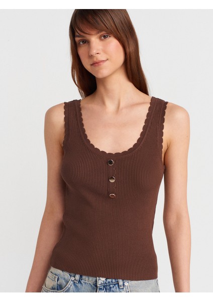 10744 Fitilli Düğme Detaylı Triko Bluz-Kahve modelleri