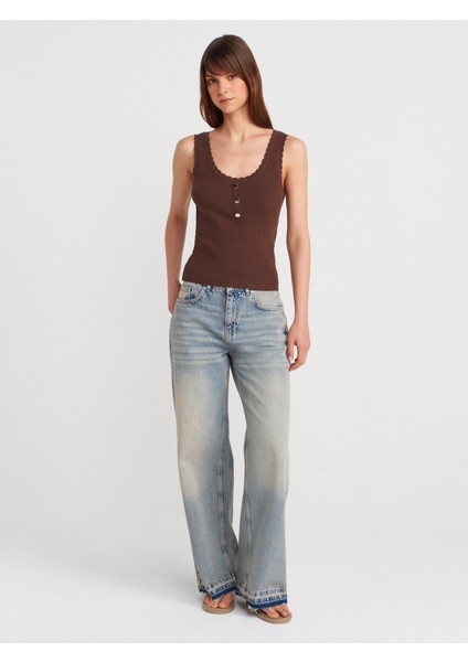 10744 Fitilli Düğme Detaylı Triko Bluz-Kahve fırsatları