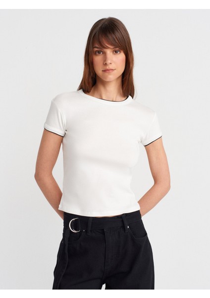 31750 Kontrast Kısa Kollu Tshirt-Ekru