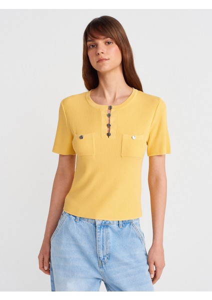 10733 Bisiklet Yaka Cepli Düğmeli Triko Bluz-Koyu Sarı